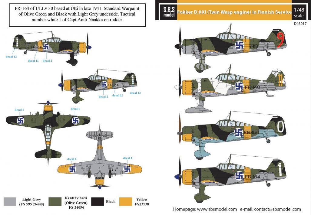 1/48 Fokker D.XXI (Twin-Wasp engine) Finnish Air Force WW II - Decals for Special Hobby