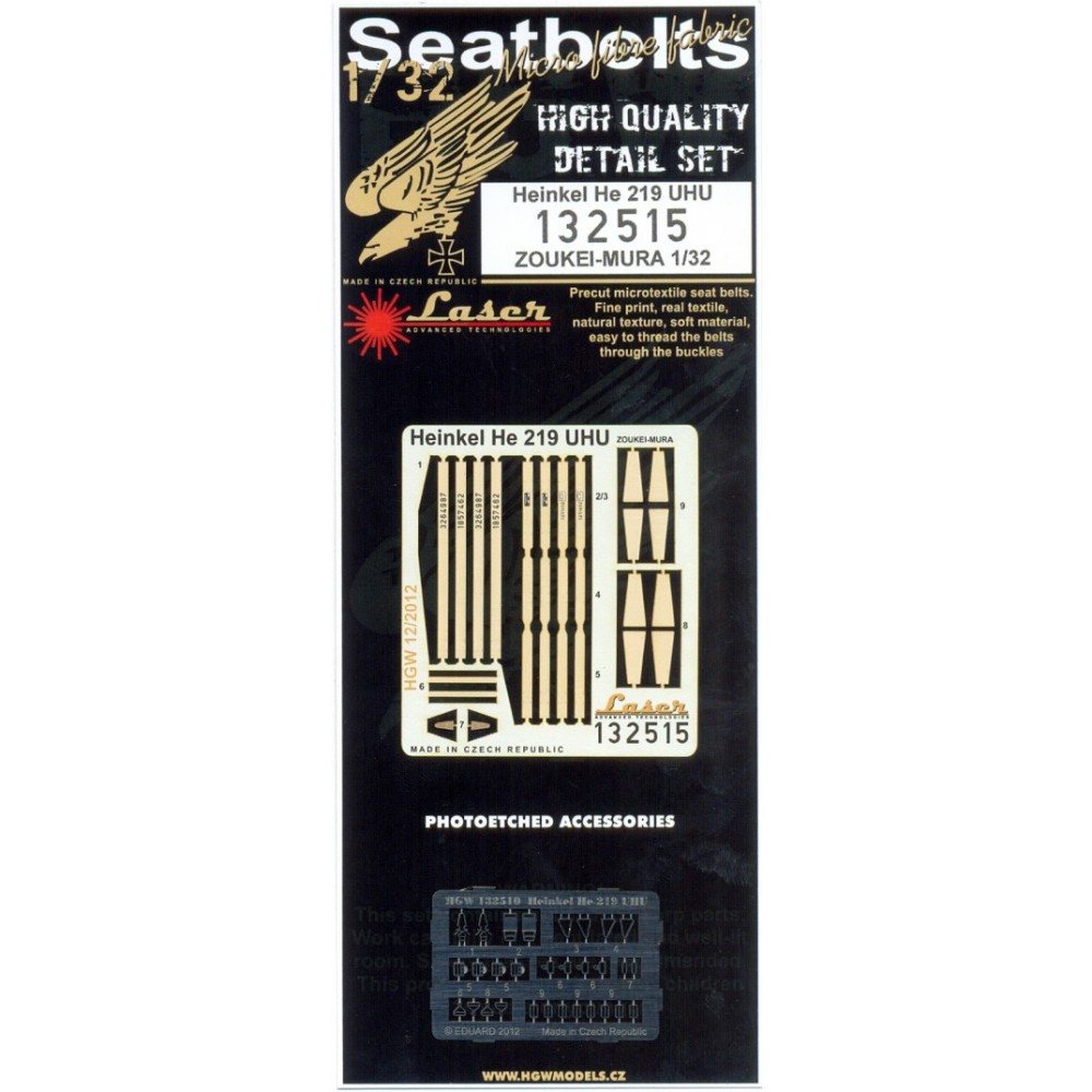 1/32 Heinkel He 219 UHU - Fabric Seat Belts  - pre-cut (laser) Zoukei-Mura