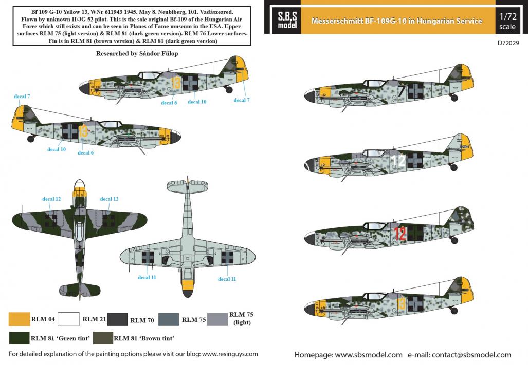 1/72 Messerschmitt Bf-109 G-10 Hungarian Air Force - Decals for Any