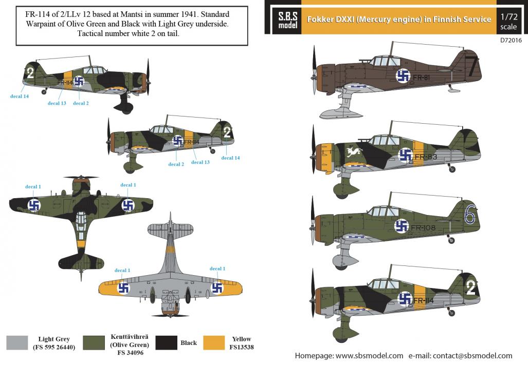 1/72 Fokker D.XXI (Mercury engine) Finnish Air Force WW II - Decals for MPM/SH