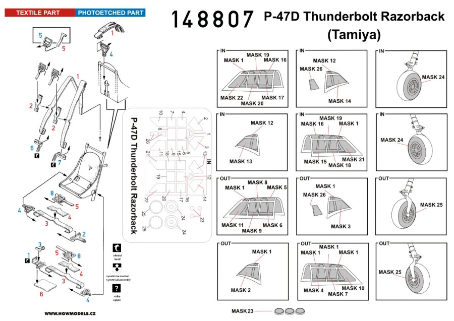 1/48 P-47D Thunderbolt Razorback - Basic Line - BASIC LINE: seatbelts + masks Tamiya