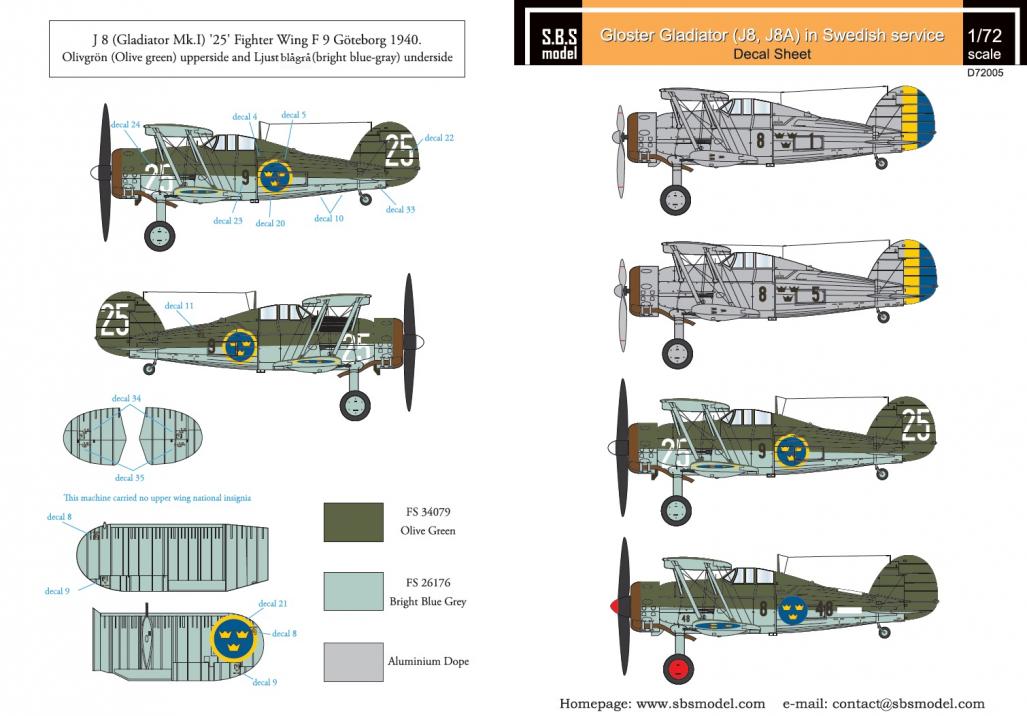 1/72 Gloster Gladiator in Swedish service VOL.I - Decals for Airfix