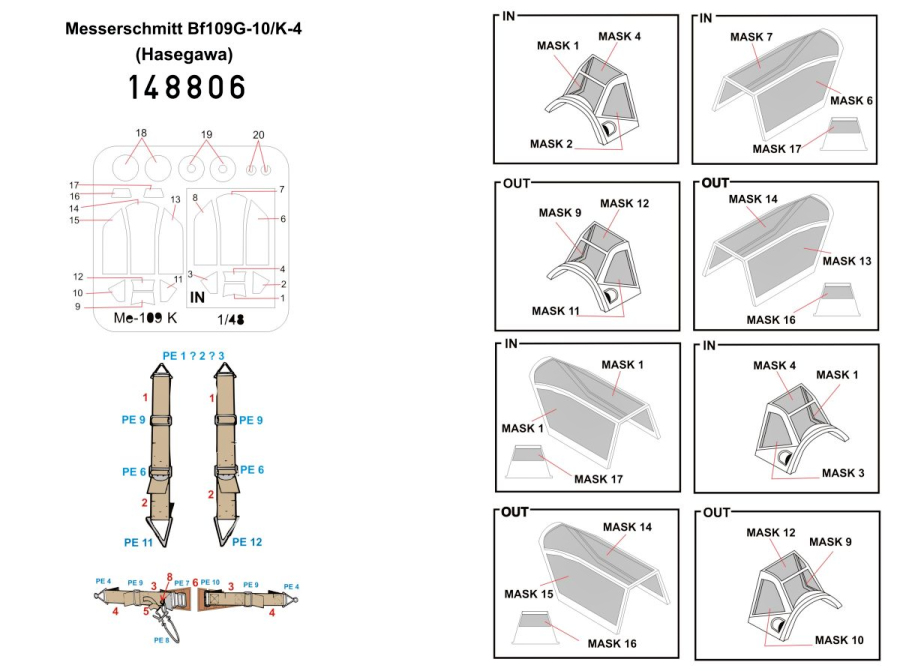 1/48 Messerschmitt Bf 109G-10/K-4 - Basic Line - BASIC LINE: seatbelts + masks Hasegawa