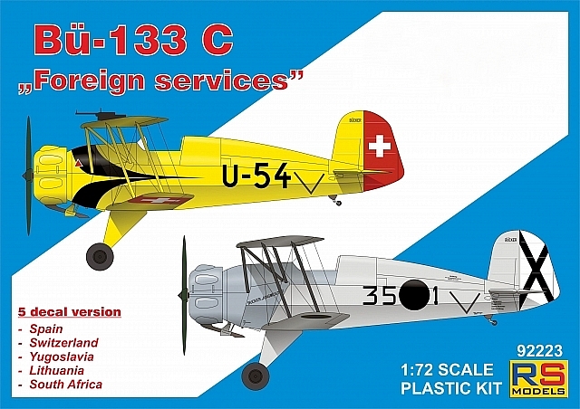 Plastikový model letadla 1/72 Bücker 133 C "Foreign services" 5 decal v. for Spain, Switz, Yugo, Lit