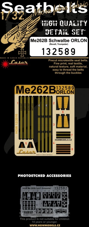 1/32 Messerschmitt Me 262B Schwalbe (Orlon) - Fabric Seat Belts  - pre-cut (laser) Revell, Trumpeter