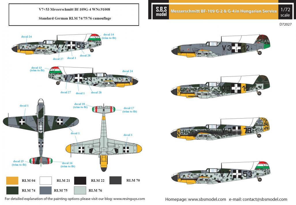 1/72 Messerschmitt Bf-109G-2 & G-4 Hungarian Air Force WW II - Decals 