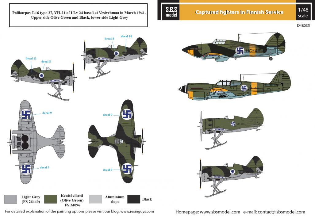 1/48 Captured Fighters in Finnish Service (P-40, Hurricane IIA, I-16) - Decals 