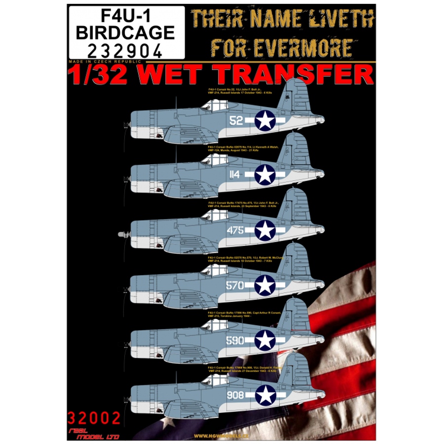 1/32 F4U-1 Corsair - Markings - Wet Transfers - Birdcage