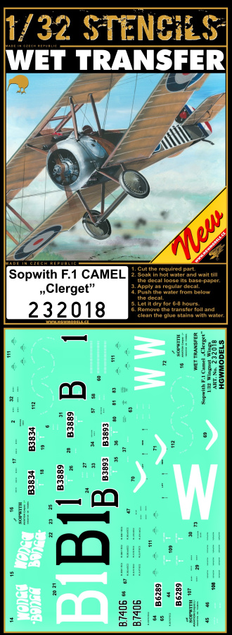 1/32 Sopwith F.1 Camel - Clerget Stencils - Wet Transfers - Wingnut Wings