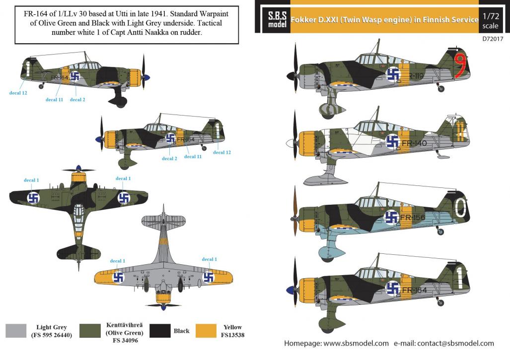 1/72 Fokker D.XXI (Twin-Wasp engine) Finnish Air Force WW II - Decals for MPM/SH