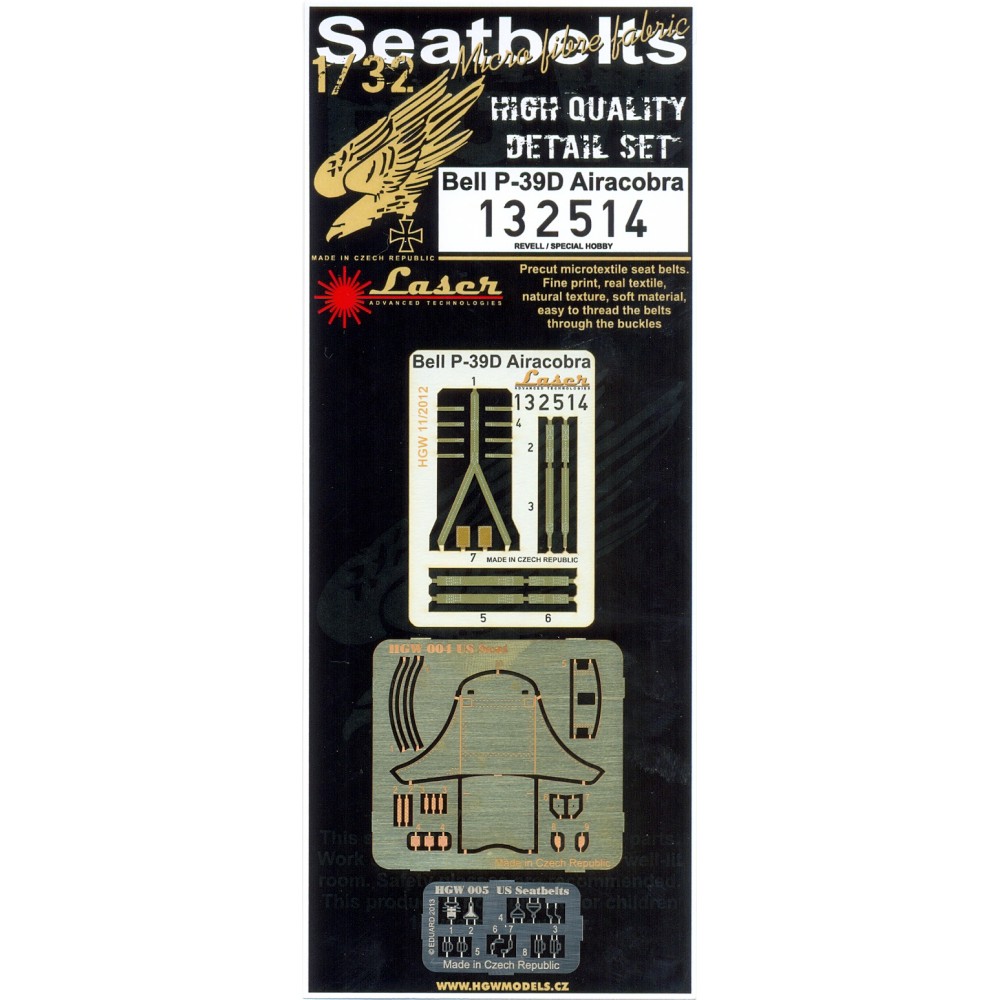 1/32 P-39D Airacobra Seat + Seatbelts - Photo-etched Sets  - inc. laser belts Revell, Special Hobby