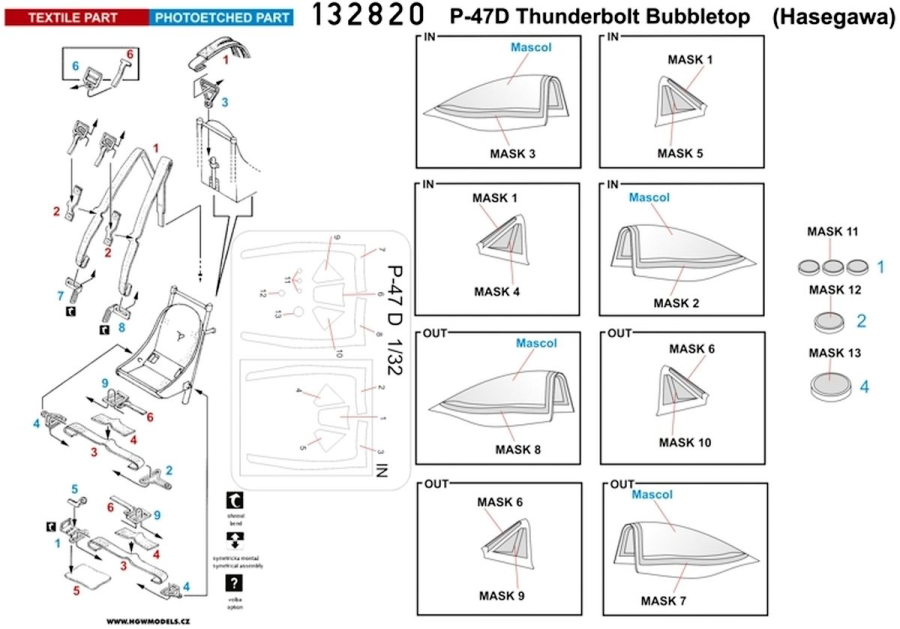 1/32 P-47D Thunderbolt Bubbletop - Basic Line - BASIC LINE: seatbelts + masks Hasegawa