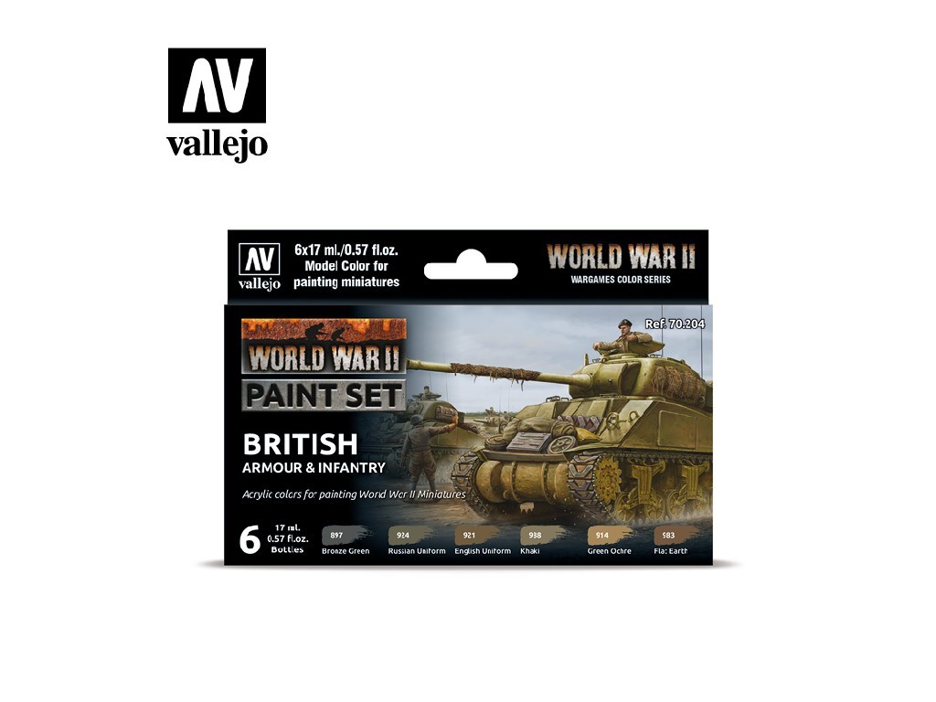 Sada akrylových barev Vallejo Model Color WWII 70204 British Armour & Infantry (6)