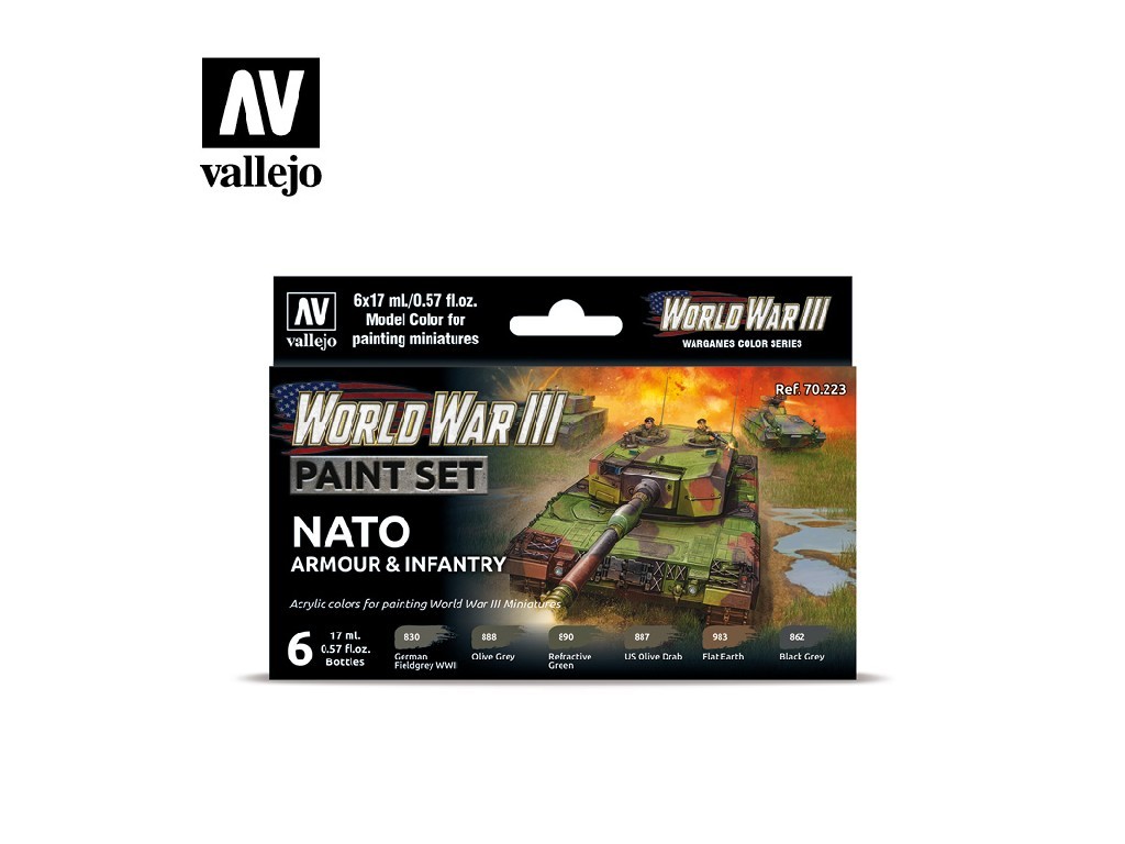 Sada akrylových barev Vallejo Model Color WWIII 70223 NATO Armour & Infantry (6)