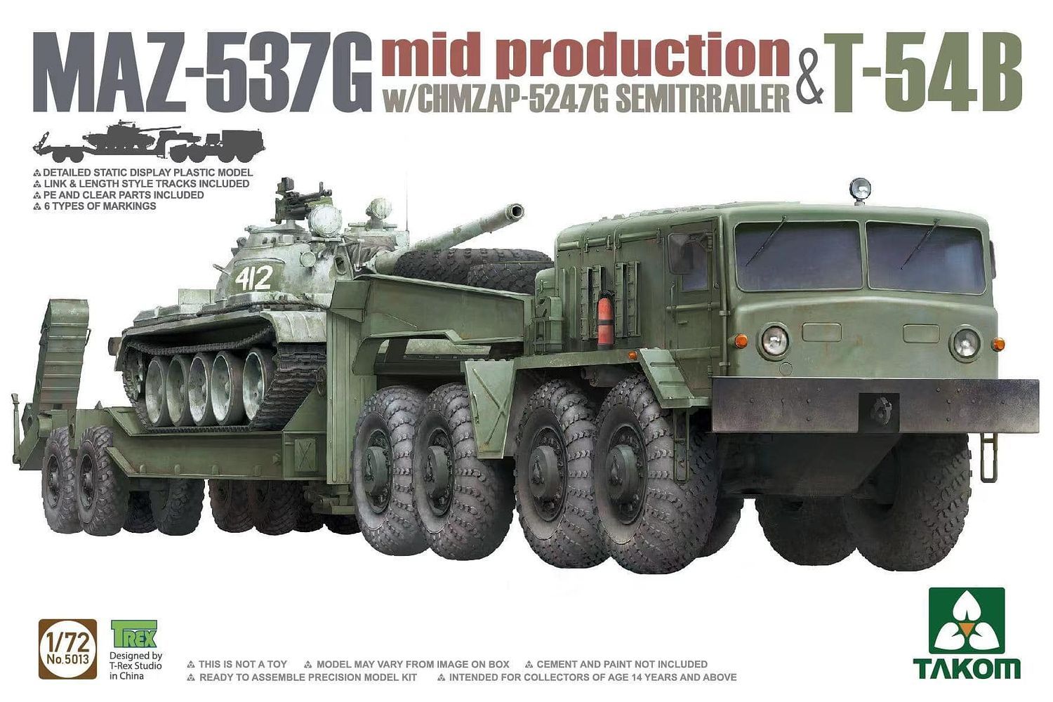 1/72 2 kits Combo MAZ-537G mid production with CHMZAP-5247G Semitrailer & T-54B - Takom