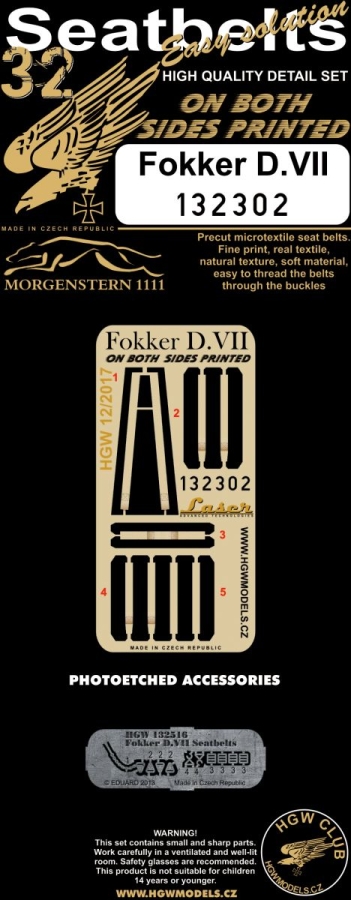 1/32 Fokker D.VII - Fabric Seat Belts  - pre-cut (laser) double-sided printing