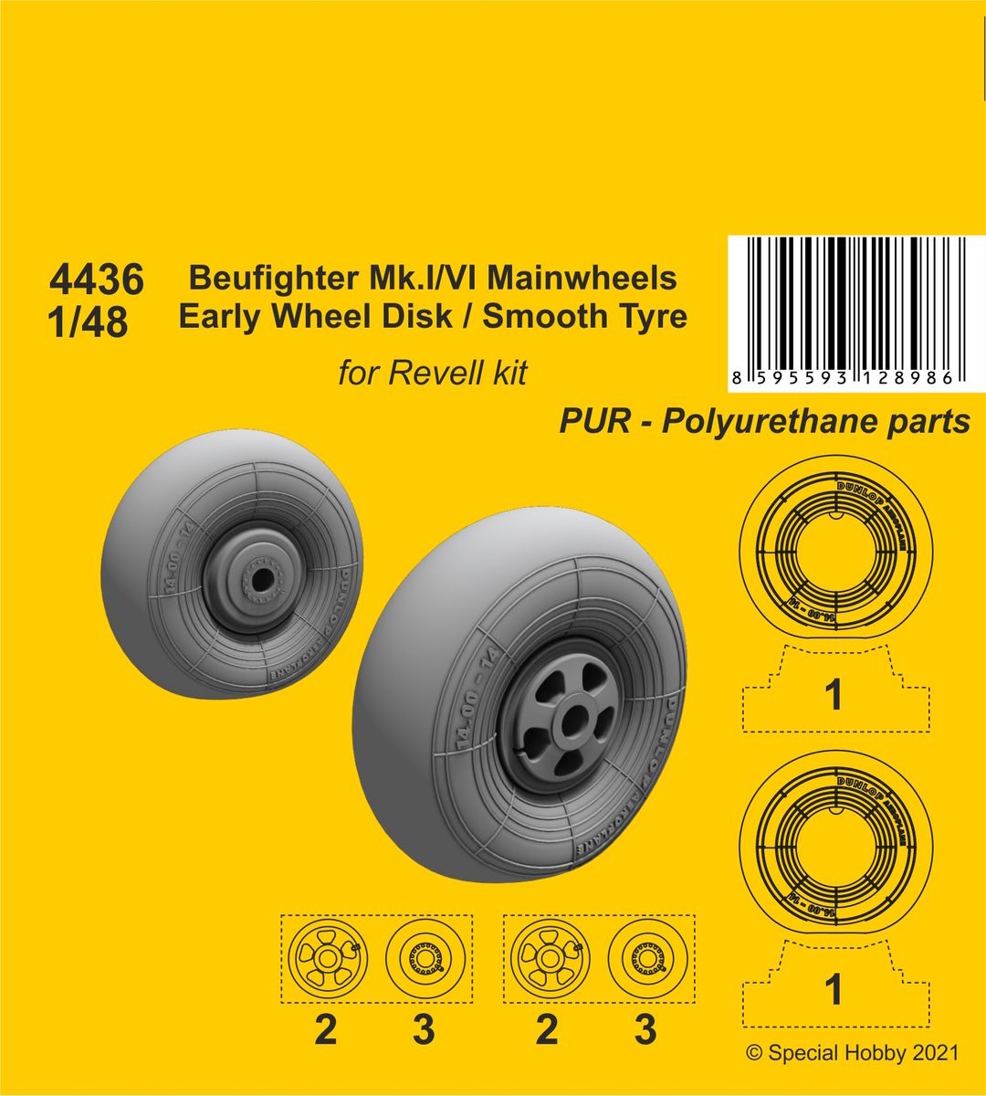 1/48 Beufighter Mk.I/VI Mainwheels - Early Wheel Hub / Smooth Tyre 