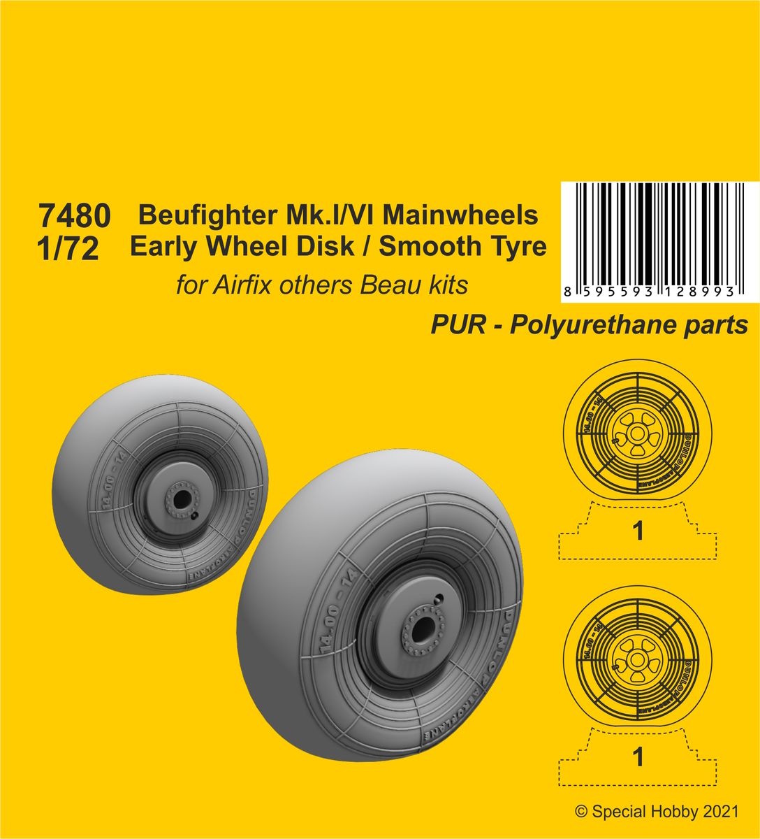 1/72 Beufighter Mk.I/VI Mainwheels - Early Wheel Hub / Smooth Tyre 