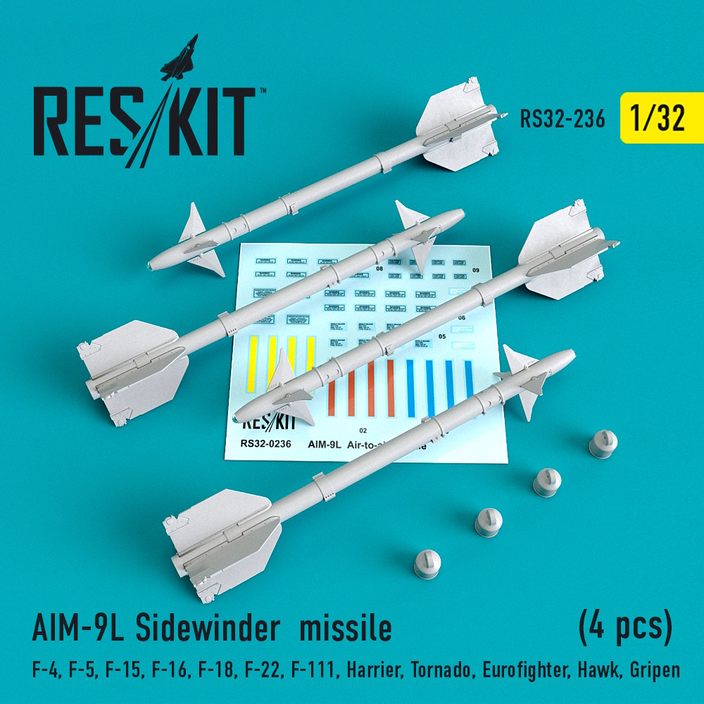 1/32 AIM-9L Sidewinder  missile (4 pcs) F4, F-5, F-15, F-16, F-18, F-22, F-111, Harrier, Tornado, Eu