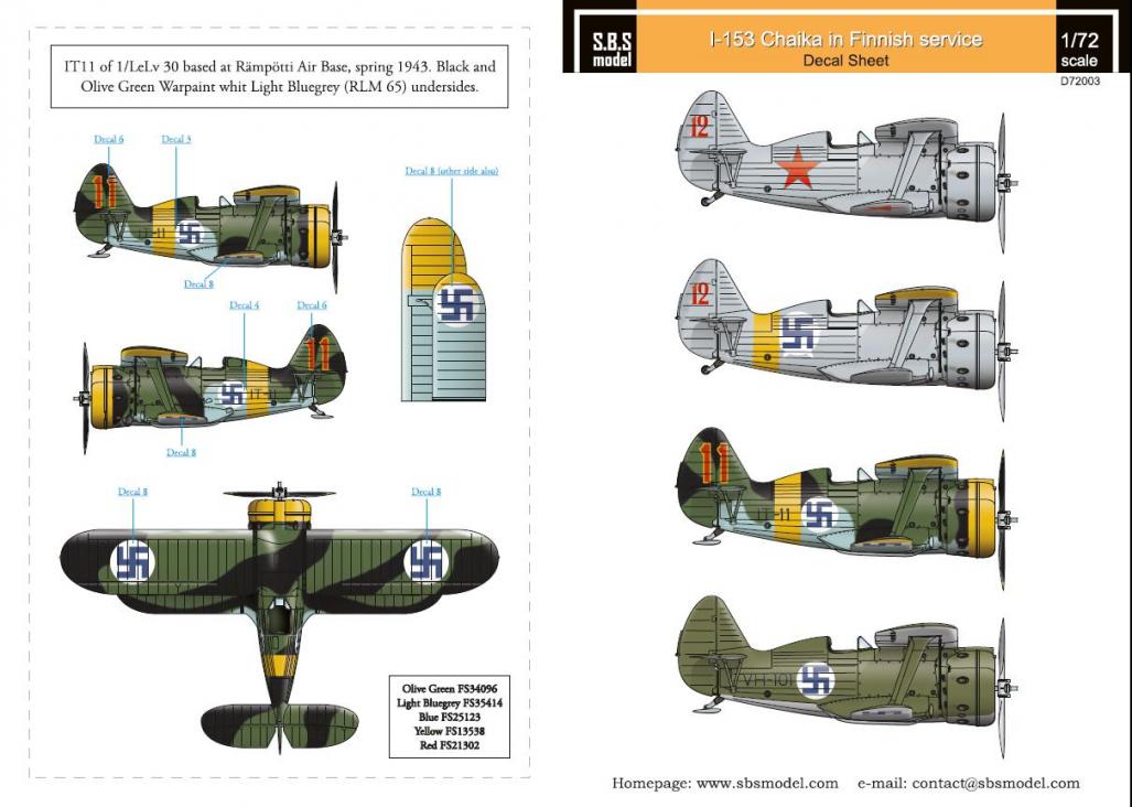 1/72 Polikarpov I-153 Finnish Air Force WW II - Decals for ICM/SMER