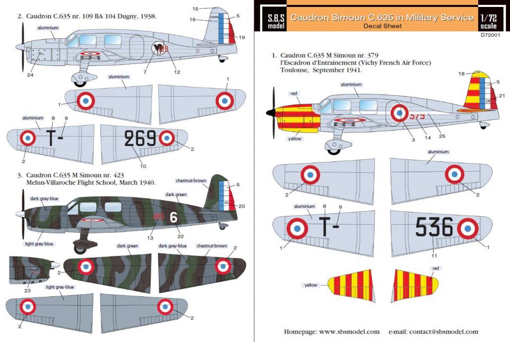 1/72 Caudron Simoun C635  in Military Service - Decals for Heller