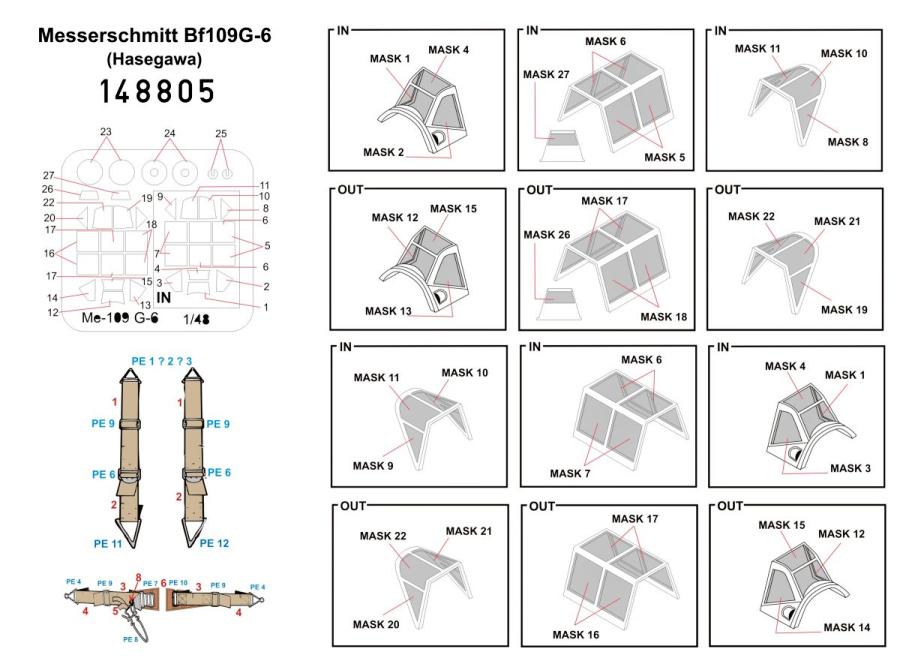 1/48 Messerschmitt Bf 109G-6 - Basic Line - BASIC LINE: seatbelts + masks Hasegawa