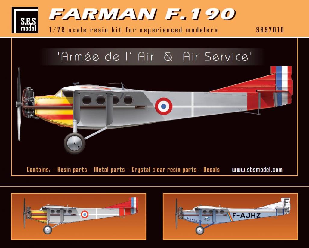 1/72 Farman F.190 'Armée de l'Air & Air Service' - Resin+PE+decal - Full resin kit
