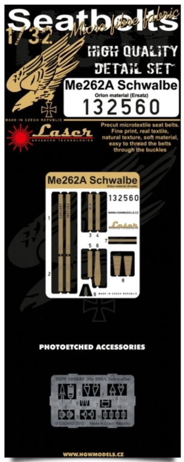 1/32 Messerschmitt Me 262A Schwalbe - Fabric Seat Belts  - pre-cut (laser) Orlon Revell, Trumpeter