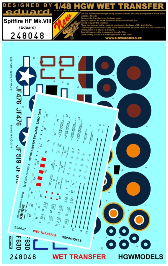 1/48 Spitfire HF Mk. VIII - Stencils & Markings  - Wet Transfers - Eduard