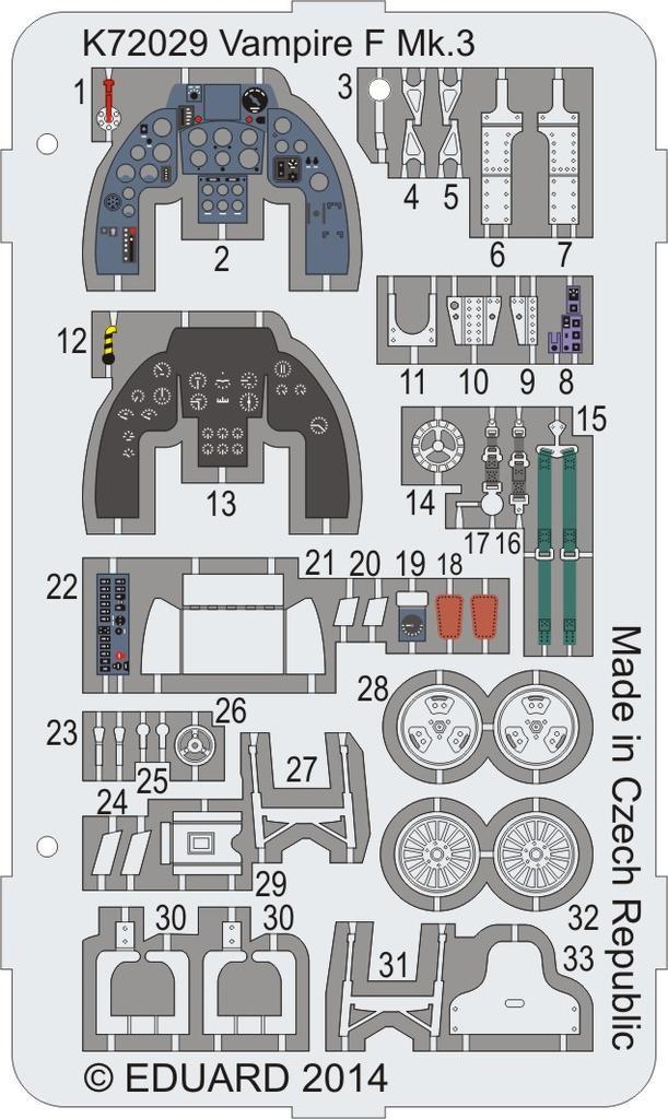 Sada fotoleptů pro plastikový model 1/72 Vampire F Mk.3 Coloured photo-etched parts