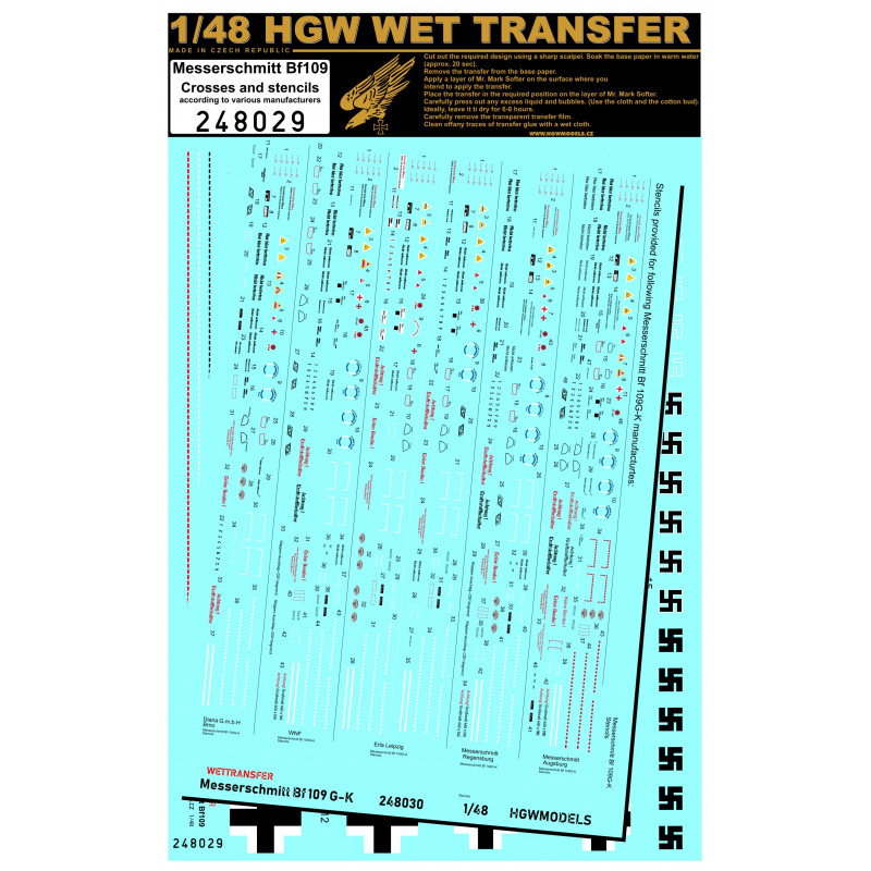 1/48 Messerschmitt Bf109 Crosses + Stencils - Wet Transfers - various manufacturers