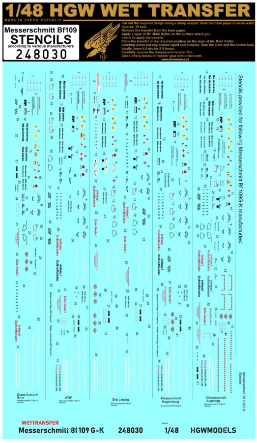 1/48 Messerschmitt Bf109 Stencils - Wet Transfers - various manufacturers