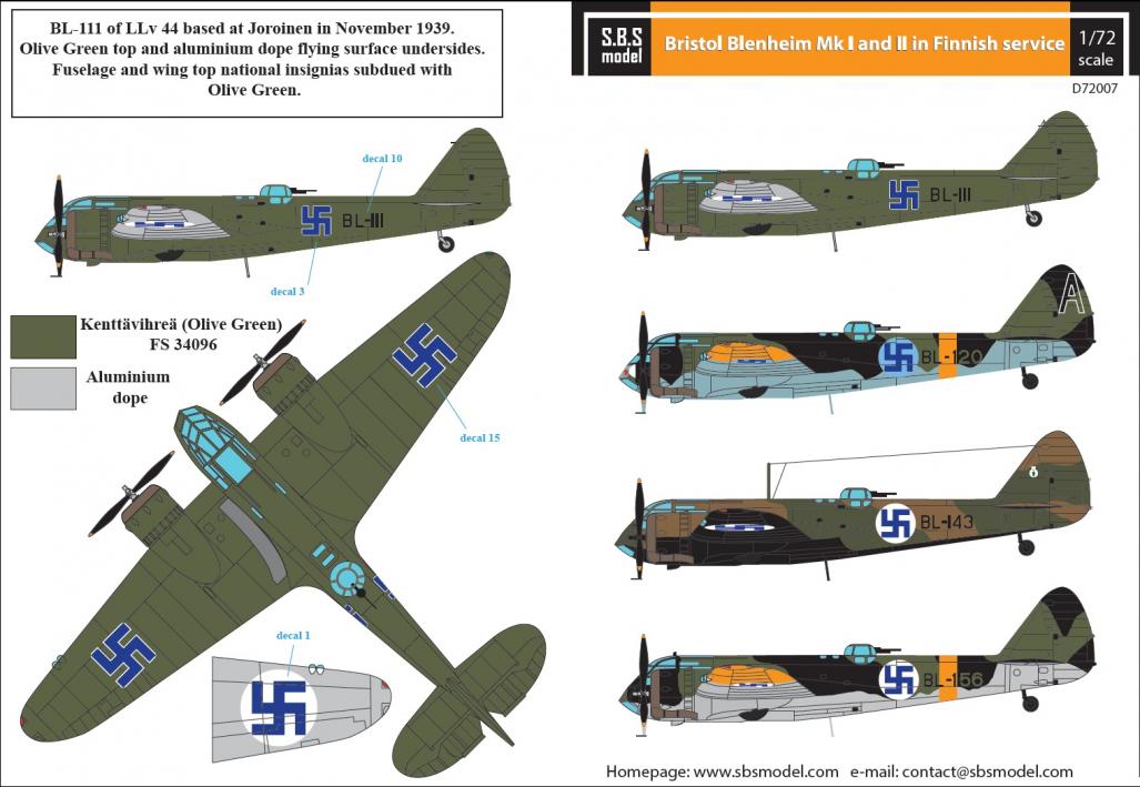 1/72 Bristol Blenheim Mk.I - Mk.II Finnish Air Force WW II - Decals for Airfix