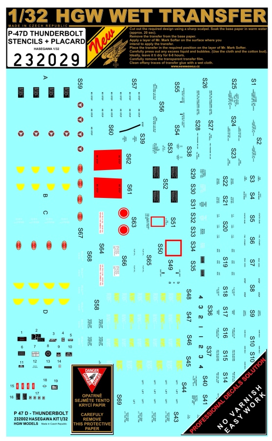 1/32 P-47D Thunderbolt Stencils + Placard - Wet Transfers - Hasegawa