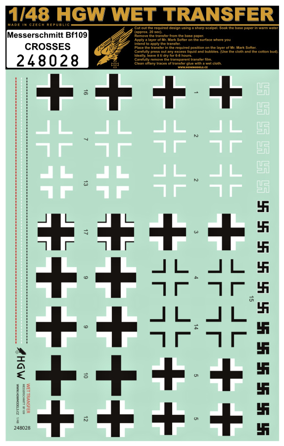 1/48 Messerschmitt Bf109 Crosses - Wet Transfers - crosses according to particular manufacturer