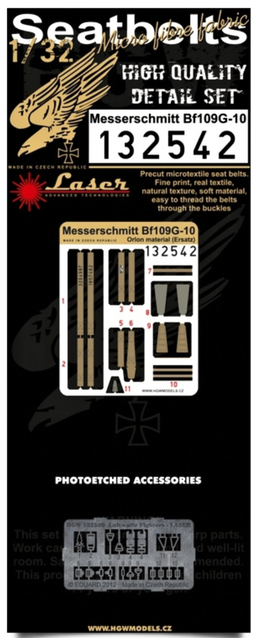 1/32 Messerschmitt Bf 109G-10 - Fabric Seat Belts  - pre-cut (laser) Orlon material (Ersatz)