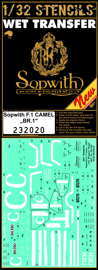 1/32 Sopwith F.1 Camel - BR.1 Stencils - Wet Transfers - Wingnut Wings