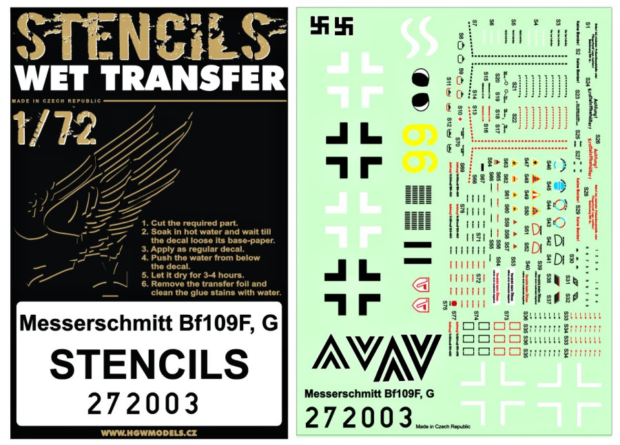 1/72 Messerschmitt Bf 109F / G Stencils - Wet Transfers