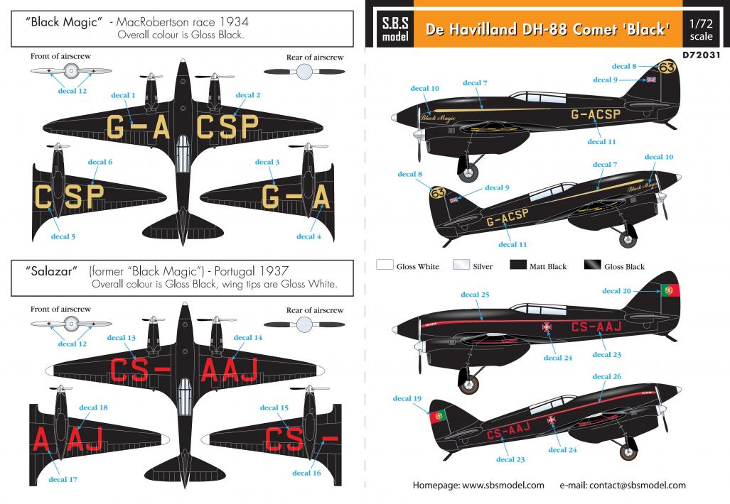 1/72 De Havilland DH-88 Comet 'Black' (Black Magic & Salazar) - Decals for KP/Airfix