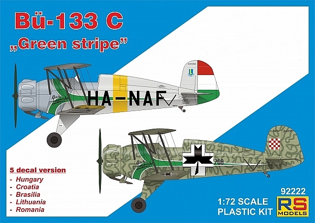 Plastikový model letadla 1/72 Bücker 133 C "Green Stripe" 5 decal v. for Hunga., Crotia, Brasilia, L